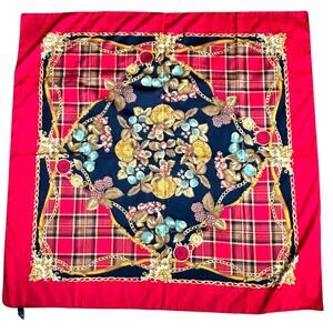 Vintage Art of the Scarf silky polyester wrap large square gold chain red plaid